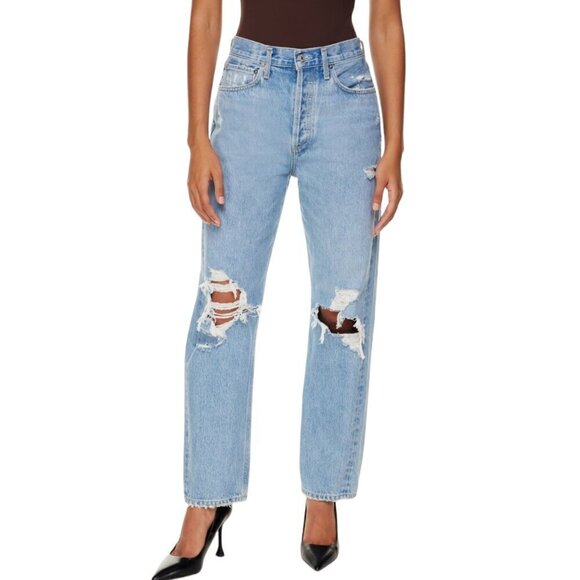 Agolde '90s Distressed Button-Fly High Rise Denim Straight Leg Jeans Blue 23 - Picture 1 of 10